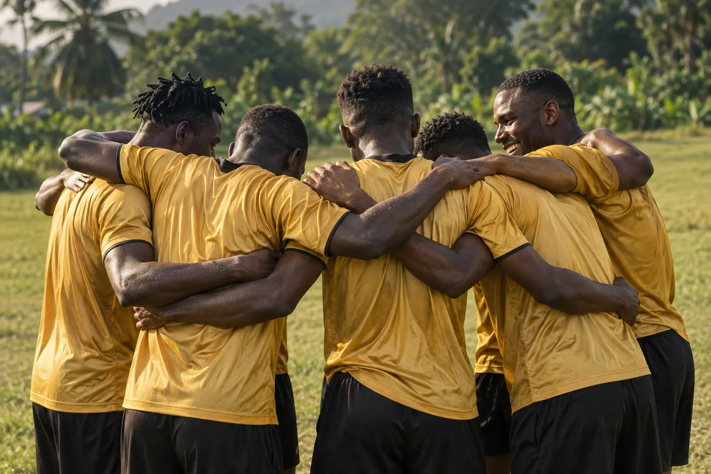 Campaign portrait of football teammates in gold jerseys supporting each other in a huddle