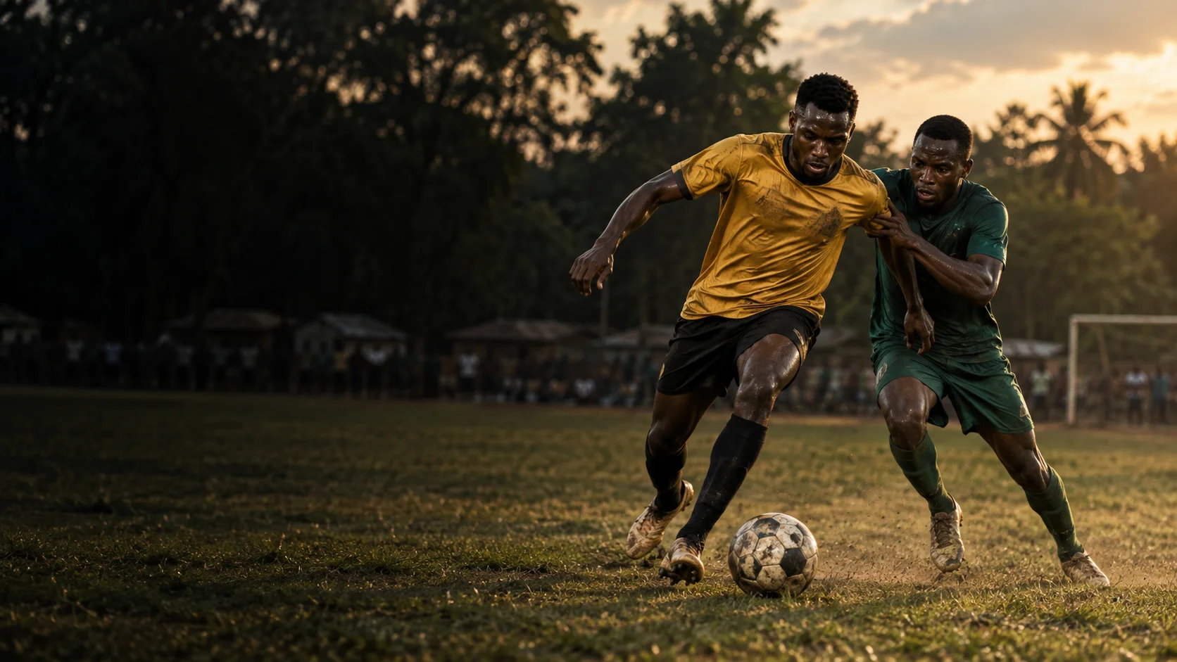 Football campaign: players in gold and green competing for the ball on a community pitch